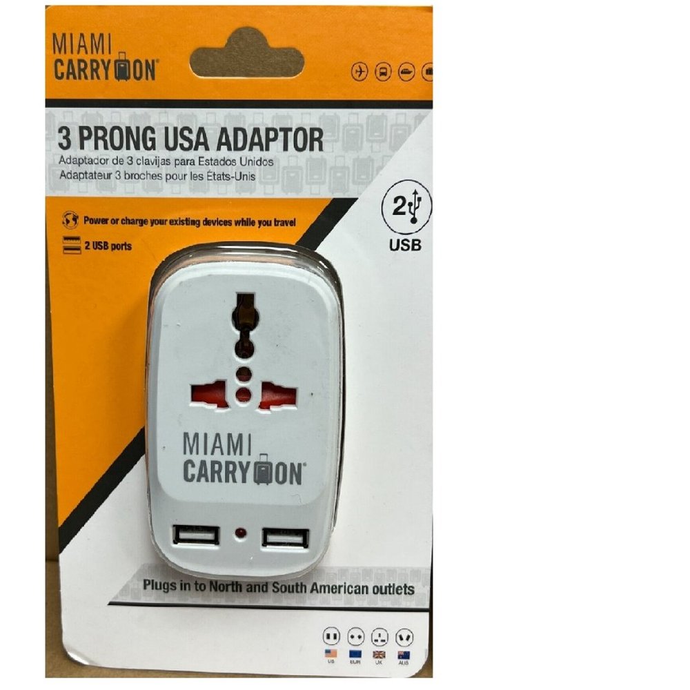 MIAMI CarryOn 3 Prong USA Travel Adaptor, N & S America Charger 2 USB Ports *NEW